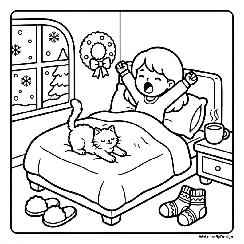 May include: Black and white illustration of a child waking up in bed, yawning and stretching. A cat is on the bed, and a window with snowflakes and a Christmas wreath are visible. Slippers and socks are on the floor.