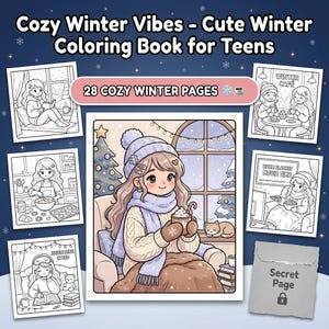 May include: A colouring book titled "Cozy Winter Vibes - Cute Winter Colouring Book for Teens" with 28 cosy winter pages. The cover features a girl with a winter hat, scarf, and a mug. Other illustrations show winter scenes like a cafe and movie time.