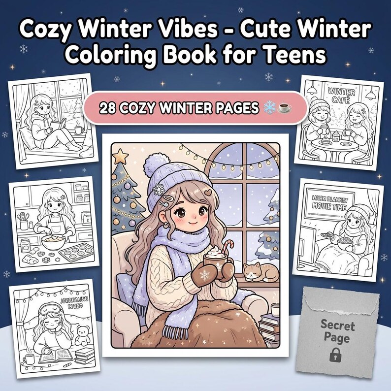 May include: A colouring book titled "Cozy Winter Vibes - Cute Winter Colouring Book for Teens" with 28 cosy winter pages. The cover features a girl with a winter hat, scarf, and a mug. Other illustrations show winter scenes like a cafe and movie time.
