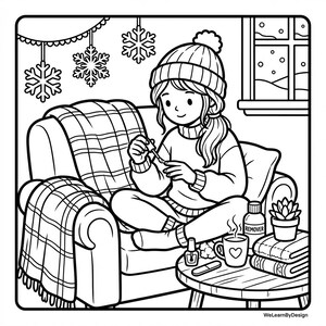 May include: Black and white illustration of a person applying nail polish while seated on a sofa. The scene includes a blanket, snowflakes, a window, and a table with nail polish remover, a mug, and a succulent.