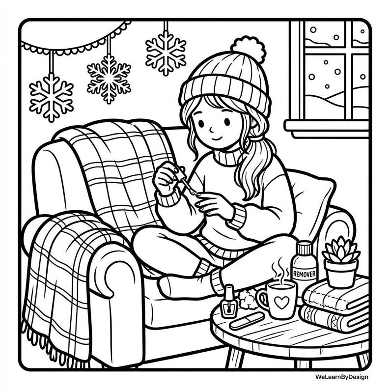 May include: Black and white illustration of a person applying nail polish while seated on a sofa. The scene includes a blanket, snowflakes, a window, and a table with nail polish remover, a mug, and a succulent.