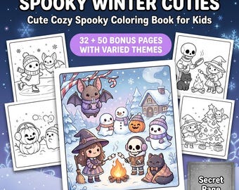 Spooky Winter Cuties Malbuch | Kinder Procreate Seiten | Druckbare PDF - Kawaii Gruseliger Digitaler Download