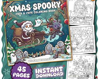Gruseliges Weihnachts Malbuch | Gruselige süße Gothmas Seiten | Bold and Easy Skelett Weihnachtsmann | Kawaii Horror Winter PDF | Einfache Angst Relief