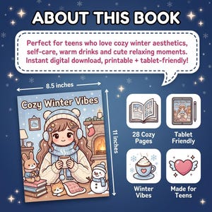 May include: A digital coloring book titled "Cozy Winter Vibes" featuring a cartoon girl with a warm drink. The book measures approximately 21.6 cm wide and 27.9 cm tall, with 28 pages. Includes icons for tablet-friendly and "Winter Vibes".