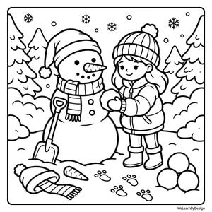 May include: Black and white illustration of a snowman with a carrot nose, wearing a hat and scarf, and a child building a snowman. Snowflakes and footprints are scattered around the scene. A shovel and a hat are on the ground.