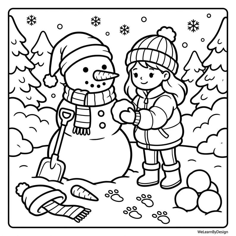 May include: Black and white illustration of a snowman with a carrot nose, wearing a hat and scarf, and a child building a snowman. Snowflakes and footprints are scattered around the scene. A shovel and a hat are on the ground.