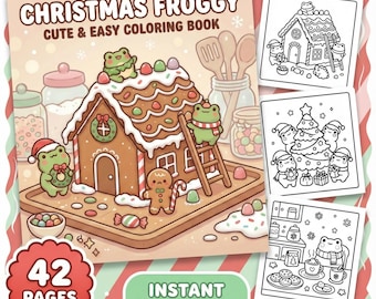 Kawaii Frog Christmas Coloring Book | 42 Easy Pages Instant Download For Kids & Adults