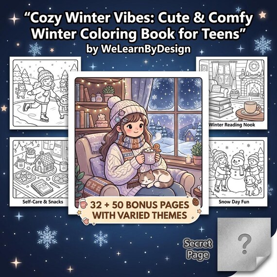Cozy Winter Coloring | Teen Printable | Procreate iPad Coloring Book | Kawaii Mindfulness Digital Download