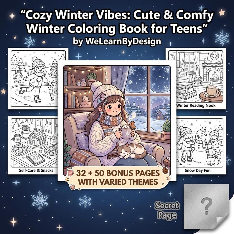May include: A winter-themed coloring book for teens, titled "Cozy Winter Vibes: Cute & Comfy Winter Coloring Book for Teens" by WeLearnByDesign. The cover shows a girl with a cat, holding a mug. Includes "Self-Care & Snacks", "Winter Reading Nook", and "Snow Day Fun" themes.