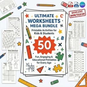 以下が含まれることがあります： 子供と学生向けの印刷可能なワークシートのコレクション。中央の画像には、「ULTIMATE WORKSHEETS MEGA BUNDLE」というテキストと、赤い星の中の「50」が表示されています。数学の問題、迷路、その他の教育活動が含まれています。