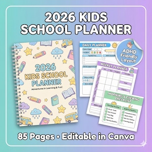 K&ouml;nnte beinhalten: Ein spiralgebundenes 2026 Kids School Planner mit hellblauem Einband und Illustrationen zum Thema Schule. Enth&auml;lt t&auml;gliche, w&ouml;chentliche und Morgen-/Abend-Checklisten. Der Planer ist ADHD-freundlich und hat 85 Seiten, bearbeitbar in Canva.