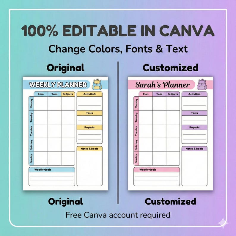 K&ouml;nnte beinhalten: Vergleich von zwei Wochenplaner-Vorlagen, eine mit der Bezeichnung "Original" und die andere "Customized". Das Original ist blau, die angepasste Version ist rosa. Der Text lautet "100% EDITABLE IN CANVA" und "Change Colors, Fonts & Text."