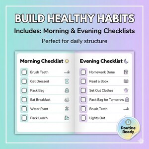 K&ouml;nnte beinhalten: Ein Planer mit Morgen- und Abend-Checklisten zum Aufbau gesunder Gewohnheiten. Der Text enth&auml;lt "Build Healthy Habits", "Morning Checklist" und "Evening Checklist". Der Planer hat einen hellblauen und lila Farbverlauf.