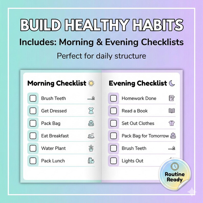 K&ouml;nnte beinhalten: Ein Planer mit Morgen- und Abend-Checklisten zum Aufbau gesunder Gewohnheiten. Der Text enth&auml;lt "Build Healthy Habits", "Morning Checklist" und "Evening Checklist". Der Planer hat einen hellblauen und lila Farbverlauf.