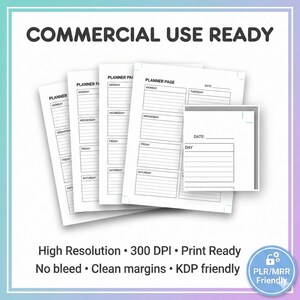 K&ouml;nnte beinhalten: Wei&szlig;e Planerseiten mit Abschnitten f&uuml;r jeden Wochentag, mit dem Text "COMMERCIAL USE READY". Die Seiten sind mit "PLANNER PAGE" und "PLANNER" beschriftet. Das Bild enth&auml;lt auch den Text "High Resolution &bull; 300 DPI &bull; Print Ready No bleed &bull; Clean margins &bull; KDP friendly".