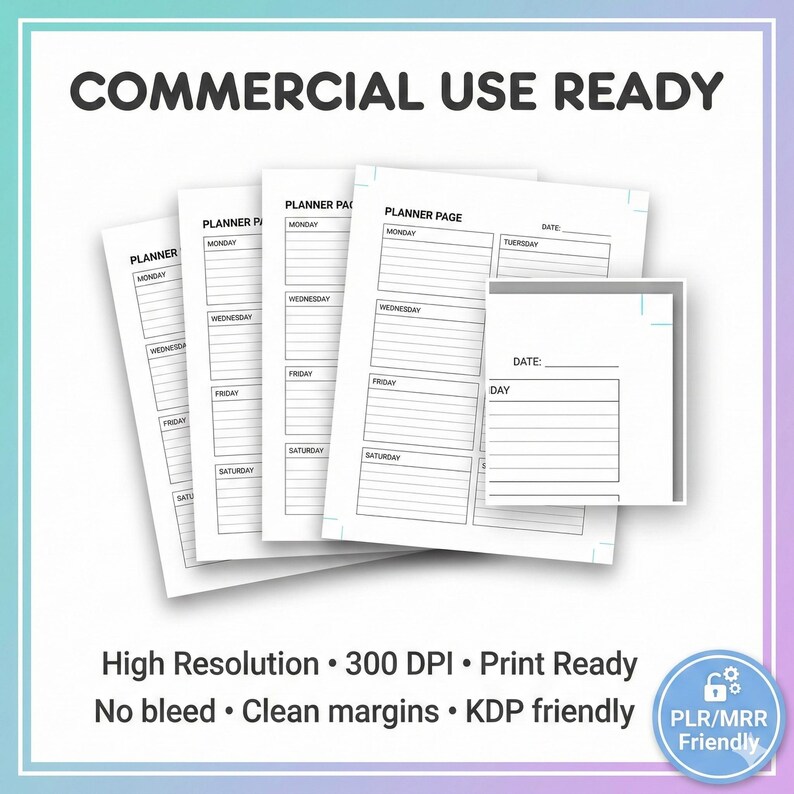 K&ouml;nnte beinhalten: Wei&szlig;e Planerseiten mit Abschnitten f&uuml;r jeden Wochentag, mit dem Text "COMMERCIAL USE READY". Die Seiten sind mit "PLANNER PAGE" und "PLANNER" beschriftet. Das Bild enth&auml;lt auch den Text "High Resolution &bull; 300 DPI &bull; Print Ready No bleed &bull; Clean margins &bull; KDP friendly".