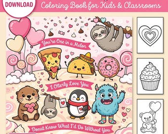 Punny Valentinstag Färbung | Kids Printable PDF & Procreate Seiten | Kawaii Valentinstag - Digital Download