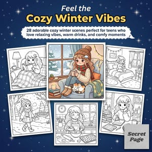 May include: A coloring book cover with the text "Feel the Cozy Winter Vibes." It features illustrations of cozy winter scenes, including a girl reading, drinking a warm beverage, and baking. The book promises 28 adorable scenes.