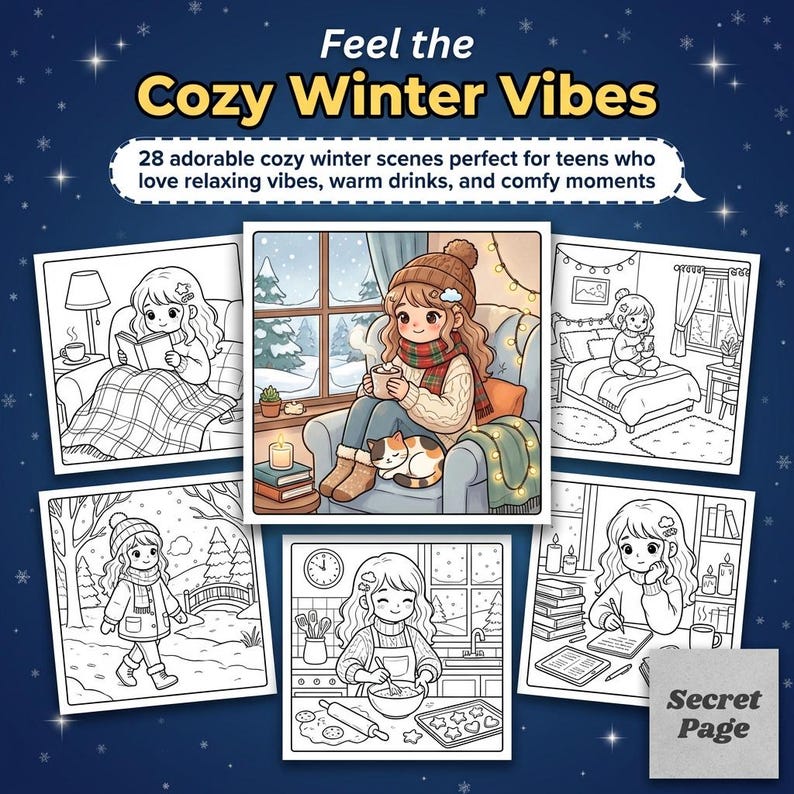 May include: A coloring book cover with the text "Feel the Cozy Winter Vibes." It features illustrations of cozy winter scenes, including a girl reading, drinking a warm beverage, and baking. The book promises 28 adorable scenes.
