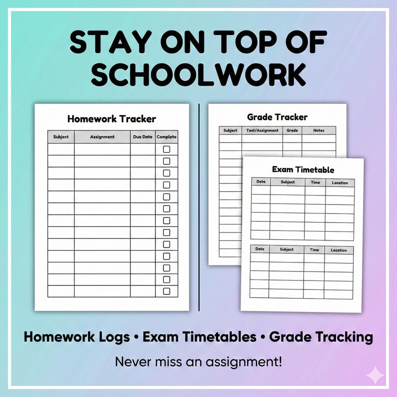 K&ouml;nnte beinhalten: Druckbare Schulorganisationsbl&auml;tter mit dem Text "STAY ON TOP OF SCHOOLWORK". Enth&auml;lt einen Hausaufgaben-Tracker, einen Noten-Tracker und einen Stundenplan f&uuml;r Pr&uuml;fungen. Der Text "Homework Logs &bull; Exam Timetables &bull; Grade Tracking" ist ebenfalls sichtbar.