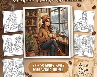 Coffee Shop Malvorlagen | Procreate & PDF | Malbuch für Erwachsene | Latte Kunst | Digitaler Download