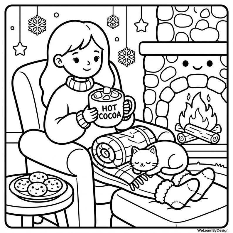 May include: Black and white illustration of a person relaxing by a fireplace, holding a mug of hot cocoa. A cat sleeps on a blanket, and cookies sit on a side table. The scene evokes warmth and comfort.