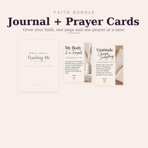Pode incluir: Um conjunto de fé com um diário intitulado What God Is Teaching Me In This Season e dois cartões de oração. Um cartão diz My Body Is A Temple, o outro diz Gratitude Changes Everything. Cada item tem um fundo creme com texto preto.