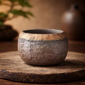 May include: A small, round ceramic bowl with a textured, aged appearance. The bowl has a dark grey body with a gold-coloured rim and etched Chinese characters. It sits on a wooden surface, suggesting a rustic or traditional aesthetic.
