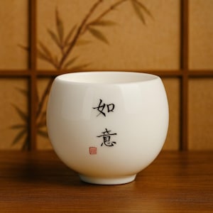 Pode incluir: Uma chávena de chá de cerâmica branca com formato arredondado. Caracteres chineses pretos são impressos na frente. A chávena de chá está colocada contra um fundo com tema de bambu.