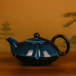 May include: A ceramic teapot with a dark blue and black glaze. The teapot has a rounded body, a curved spout, and a circular handle. A small, dark blue knob sits atop the lid, and a brown cord wraps around the handle. The teapot is on a wooden surface.