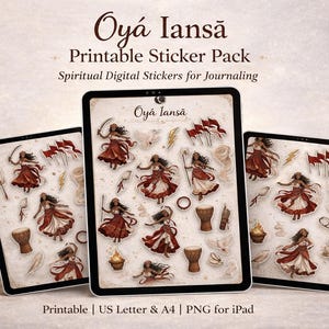 Oyá Iansã Printable Sticker Pack, Spiritual Digital Stickers for Journaling, Red Goddess PNG, US Letter A4, GoodNotes iPad Stickers