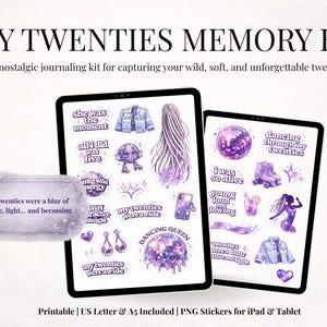 Pode incluir: Um kit de memória digital intitulado "My Twenties Memory Kit" com adesivos e texto. Os adesivos apresentam bolas de discoteca, patins e frases como "Dancing Queen" e "My twenties were a blur of music, light... and becoming."
