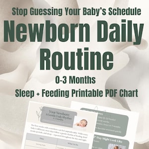 May include: A printable PDF chart titled "Newborn Daily Routine" for babies aged 0-3 months. The chart includes information on sleep and feeding schedules, with the text "Stop Guessing Your Baby's Schedule" at the top. The chart is designed to help new parents.