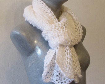 White lace shawl, hand knit white lace scarf, white shoulder warmer