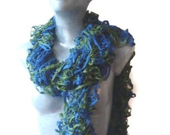 Blue Green Ruffle Scarf: Soft Acrylic Cotton Blend