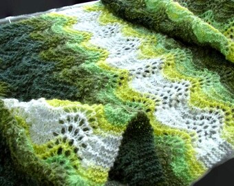 Hand Knit Mohair Lace Shawl: Green, Yellow & White Peacock Design