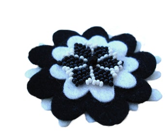 Black & White Felt Flower Brooch: Beaded Handmade Pin