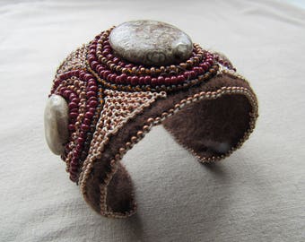Jasper Beaded Cuff Bracelet, Boho Embroidered Wide Bracelet