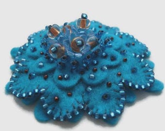 Turquoise Felt Flower Brooch: Beaded Bronze Accent