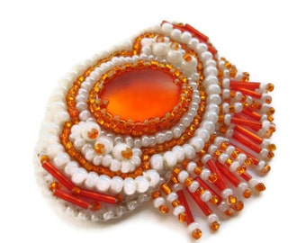 Orange Beaded Brooch with Fringes, brooch OOAK