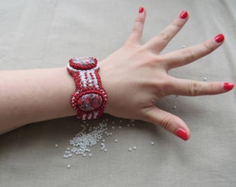 Beaded Cuff Bracelet: Red & White Czech Seed Beads, Natural Stone