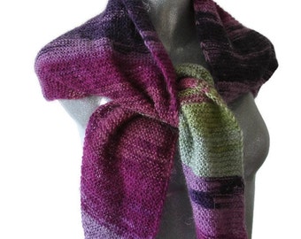 Mohair Blend Boho Shawl: Unisex Knit Wrap - Plum, Pink & Green