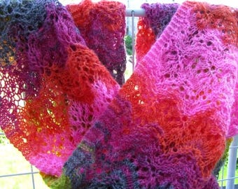 variegated shawl,Hand Knit Multicolor Lace Scarf: Wool Acrylic Blend, Extra Long Shawl