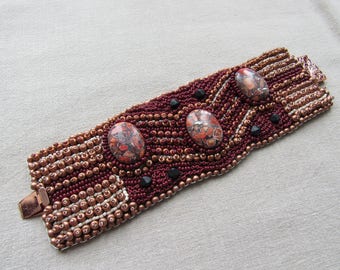 Beaded Cuff Bracelet: Natural Stone, Boho Embroidered Jewelry