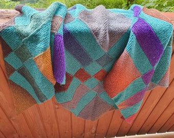 Handmade Wool Entrelac Shawl: Oversized Knitted Teal Patchwork Scarf