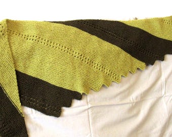 Vintage Two Tone Knit Shawl Scarf, Olive Green Dark Brown Triangle Wrap