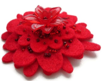 Red Felt Flower Brooch: Beaded Spring Pin