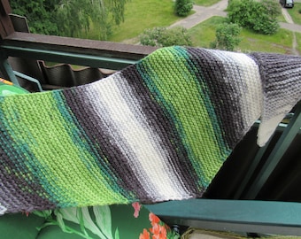 variegated shawl,Hand Knit Triangle Scarf: Green, White & Black Wool Blend Bactus