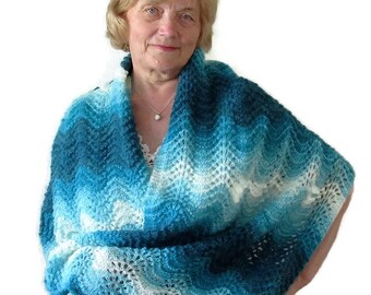 Blue Lace Knit Shawl: Variegated Mohair Blend Wrap