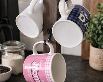Rustic Reclaimed Wood Mug Holder | Farmhouse Kitchen Cup Stand | Coffee Mug Tree